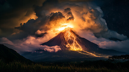 Bright forked lightning hitting the peak of a mountain at night, sparks flying and clouds illuminated with dramatic contrast 