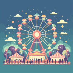vector illustration of Ferris wheel in carnival at night