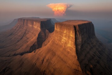Dramatic mountain peaks at sunrise, fiery cloud