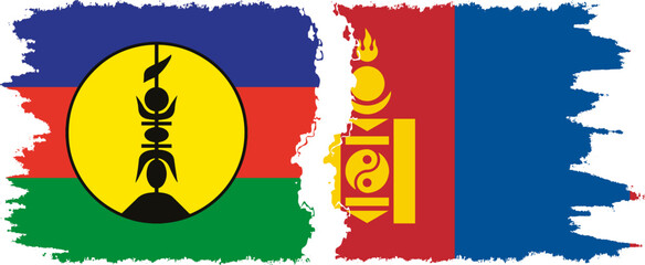 Mongolia and New Caledonia grunge flags connection, vector
