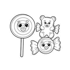 Line art illustration of a lollipop, a gummy bear, and a wrapped candy, all with cute cartoon faces.
