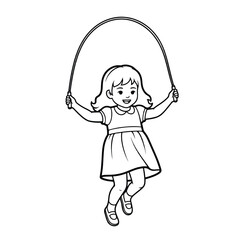 A young girl joyfully skipping rope, a simple black and white illustration.