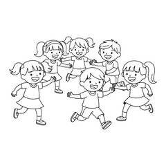 Group of children holding hands and running in a circle, smiling and enjoying themselves.