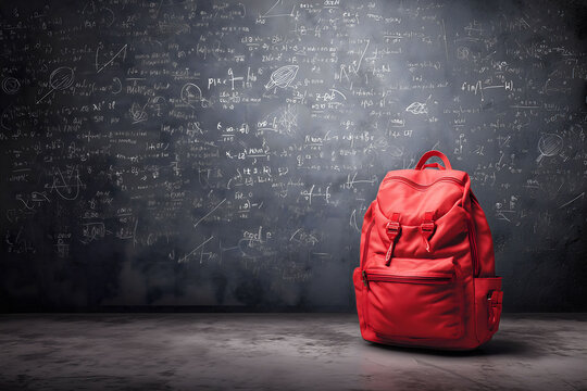Minimalistic concept of back to school, a single red backpack against a chalkboard background with mathematical formulas and doodles. Studio lighting, soft shadows. - Powered by Adobe
