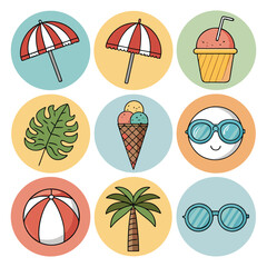 Summer Beach Icons Set – Flat Vector Icons of Sun, Sea, Sand, Umbrella, Swimsuit, Surfboard, Tropical Drinks, Flip Flops, Vacation Essentials for Summer Travel, Holiday, and Coastal Designs	