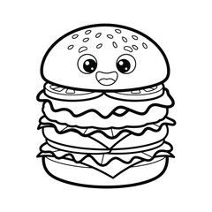 Outlined cartoon hamburger with a happy face, ready for coloring.