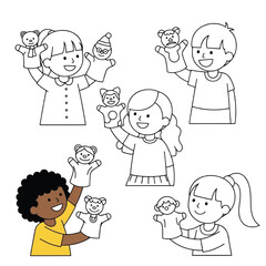 Four children holding hand puppets, smiling, in a simple line drawing style.