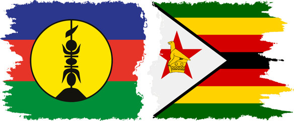 Zimbabwe and New Caledonia grunge flags connection, vector