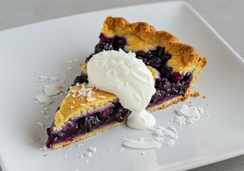 Delicious slice of blueberry pie topped with creamy whipped cream on a white plate, perfect for dessert lovers and food photography
