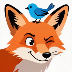 Obraz premium Playful fox with a bird perched on its head.