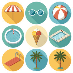 Summer Beach Icons Set – Flat Vector Icons of Sun, Sea, Sand, Umbrella, Swimsuit, Surfboard, Tropical Drinks, Flip Flops, Vacation Essentials for Summer Travel, Holiday, and Coastal Designs	
