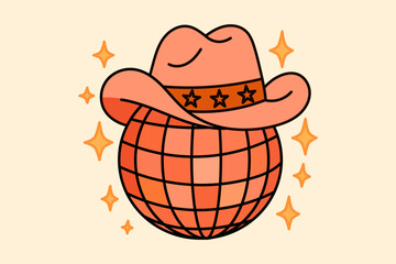 Disco ball with cowboy and cowgirl hats in western style, illuminated by shiny lights, for a retro party or country music festival, or a wild west themed event.