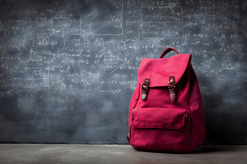 Minimalistic concept of back to school, a single red backpack against a chalkboard background with mathematical formulas and doodles. Studio lighting, soft shadows. 