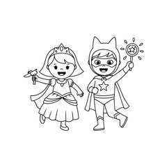 A princess and superhero, playfully dressed children, ready for adventure.