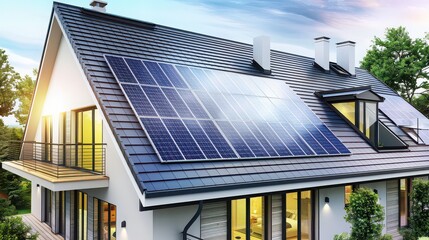 Modern house with solar panels on the roof and a balcony on a sunny day with trees in the background