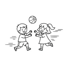 Two children, a boy and a girl, are playing with a ball in a simple line drawing.