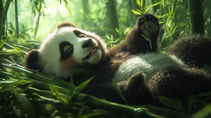 Obraz premium A charming fluffy panda lying on its back while