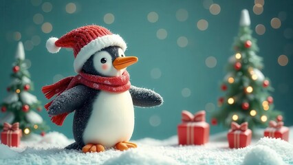 Cute penguin wearing a santa hat and scarf in a snowy christmas scene