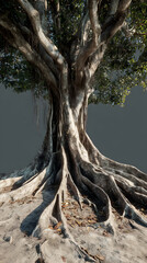 Majestic Banyan Tree with Intricate Exposed Roots: A Symbol of Nature's Strength and Resilience in Vibrant Greenery and Serene Landscape Setting