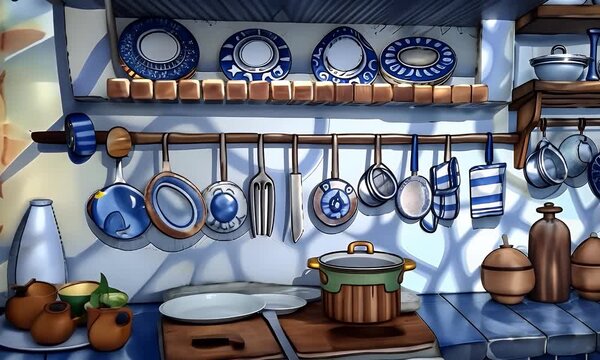 Interior illustration of rustic kitchen with white-blue tile design under sunlight.