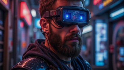 Man wearing futuristic virtual reality headset in a neon lit city at night