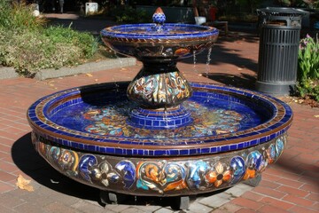 Ornate ceramic fountain with blue and multicolored tile