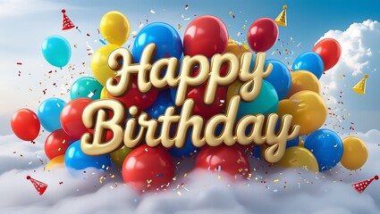Celebrate moments with vibrant balloons and golden 'Happy Birthday' text floating in the clouds