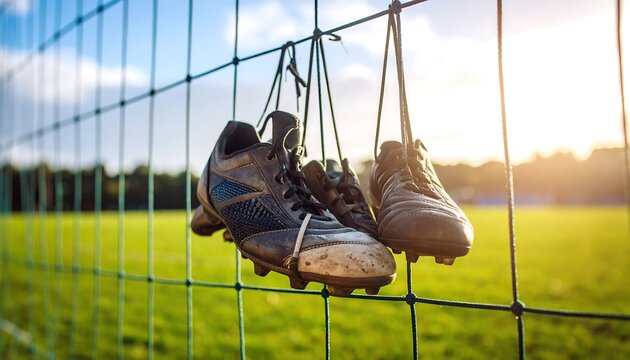Worn soccer cleats hang on a fence, backlit by a setting sun, overlooking a field