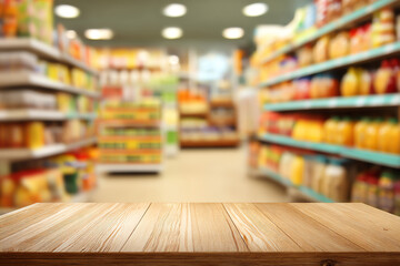 Fototapeta premium Empty wooden table in front of blurred supermarket shelves filled with various colorful packaged products and beverages under bright ceiling lights