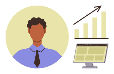 Business professional in formal attire beside upward bar graph and computer monitor. Ideal for business, career growth, analytics, management, success, data visualization, teamwork. Simple flat