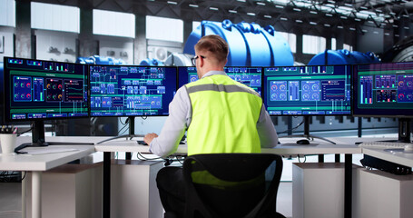 Engineer Monitoring Gas Power Plant Control Room Screen © Andrey Popov