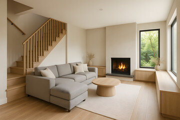 Fototapeta premium Modern living room design with fireplace couch and wood staircase view