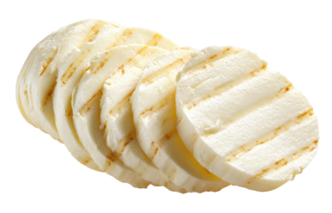 Sliced grilled cheese, pale yellow, circular sections, overlapping