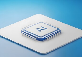 Modern ai chip with the letters ai prominently displayed on a clean white surface against a blue gradient background