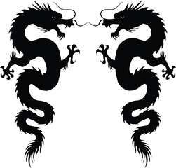 Intricate Two Dragon Silhouette: Two Mythical Chinese Dragons Facing Each Other, a Powerful and Auspicious Symbol of Asian Culture, Legend, and Strength.