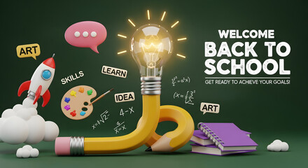 Welcome Back to School concept with pencil lightbulb and rocket