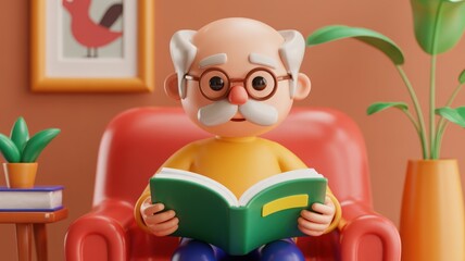 Fototapeta premium Elderly man with glasses reading green book in warm lighting