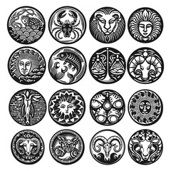 Collection of Engraved Zodiac and Sun Symbols