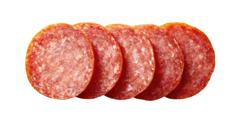 Four slices of salami, laid out in a row, top view