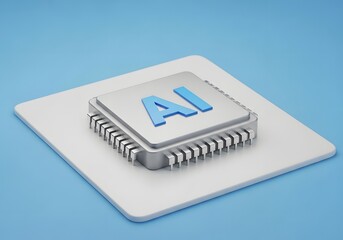 Close up of a computer processor chip with the letters ai prominently displayed on a white square against a blue background