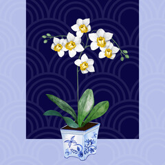 Orchid in ornamental pot on blue patterned background