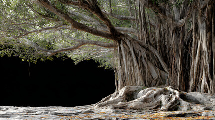 Majestic Banyan Tree with Intricate Exposed Roots: A Symbol of Nature's Strength and Resilience in Vibrant Greenery and Serene Landscape Setting