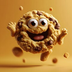 Animated Cookie Character with Arms, Legs, and a Wide, Joyful Sm