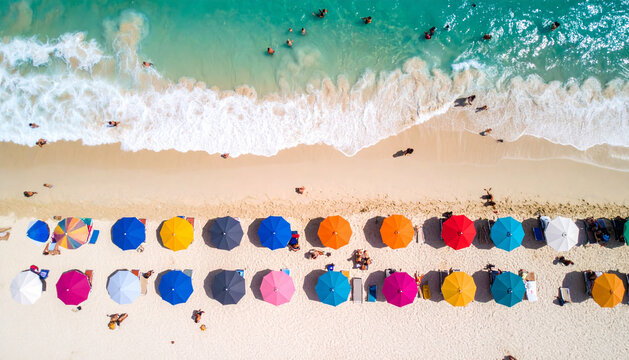 Summer or Beach Colorful Umbrellas from Above An aerial view of a crowded summer - Powered by Adobe