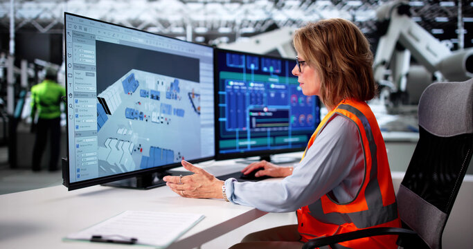 Senior Woman Designing 3D Industrial Plant Layout