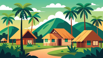 Tropical village scene with palm trees and huts