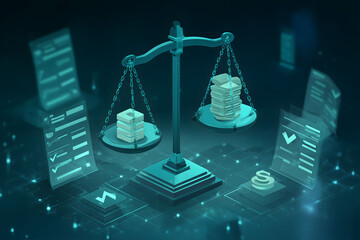 A scale balancing a digital stablecoin and legal documents with checkmarks, surrounded by government building silhouettes and blockchain code, symbolizing regulation, security, and transparency in cry