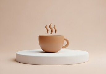 A cozy ceramic mug filled with hot steaming coffee sits on a minimalist pedestal against a soft neutral background