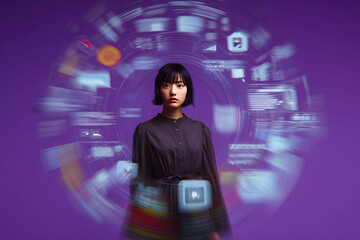 A digitally generated image of a young Japanese woman standing amidst colorful data charts and social media chat icons arranged in a circle around her, with a dynamic blur effect. Purple background.