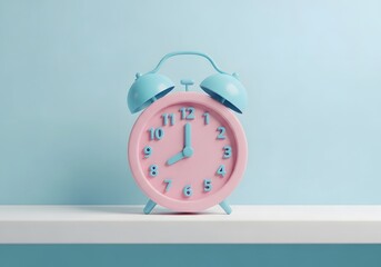 Retro twin bell alarm clock with pink face and teal accents sits on a white shelf against a soft blue background